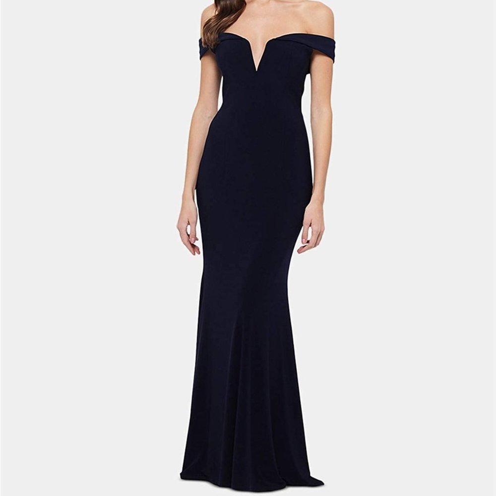 Xscape Womens Navy Blue Off The Shoulder Deep V-Neckline Gown Dress Sz4